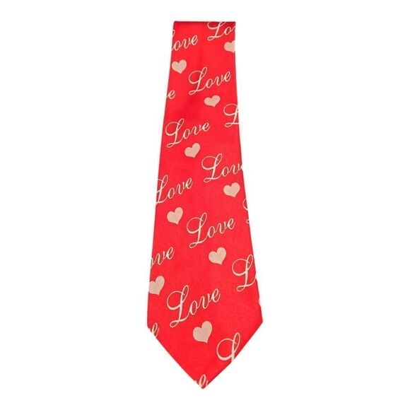 MEN'S  RED NECKTIE WITH A REPEATING PATTERN OF THE WORD "LOVE" & HEARTS IN WHITE - Picture 1 of 4